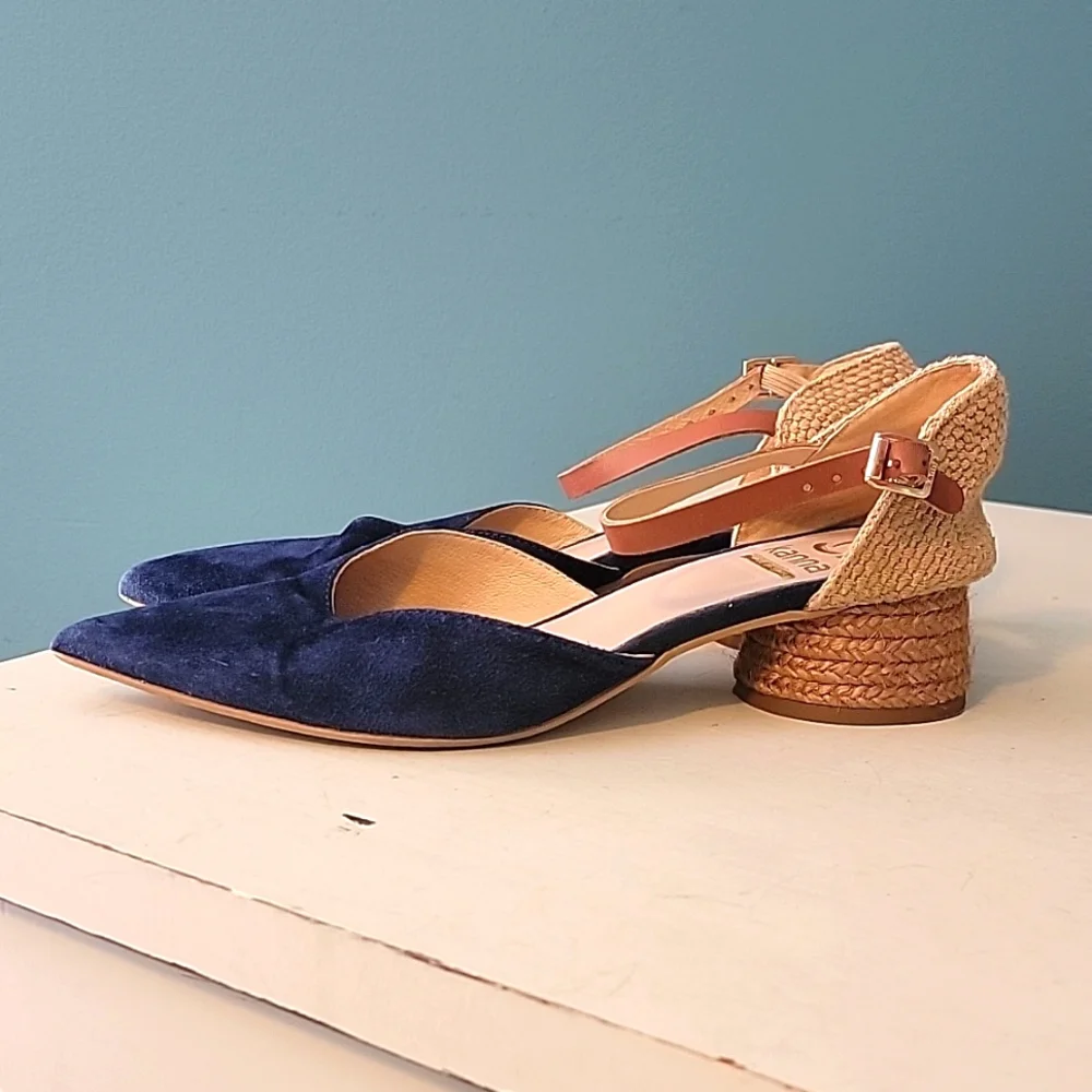 KANNA Jini‎ Raffia Trimmed Navy Suede Heels Eur 37, US 6.5-7